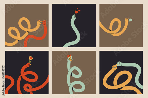 Flexible colorful gesture hands - twirled curled arms reaching upwards holding flower, star, making heart sign. Bendable rubber like tubular fingers stretching, swirling into abstract shapes.