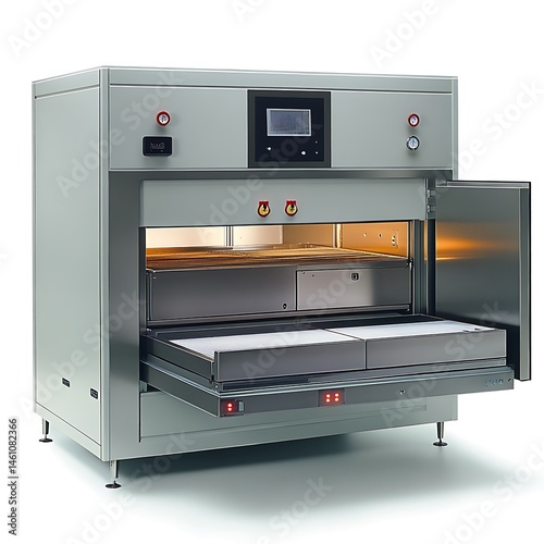 Industrial oven with open door, and trays.