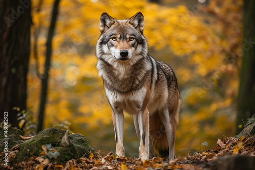 Obraz na płótnie A majestic wolf standing alert amidst the vibrant autumn colors of the forest w salonie