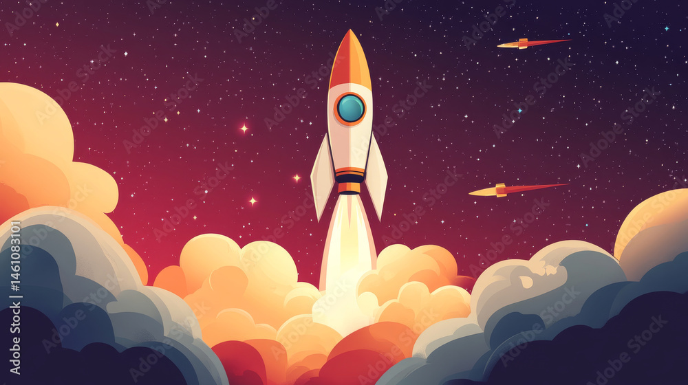 Fototapeta premium space rocket launches into cosmos, surrounded by colorful clouds and stars, evoking sense of adventure and exploration. scene captures excitement of space travel