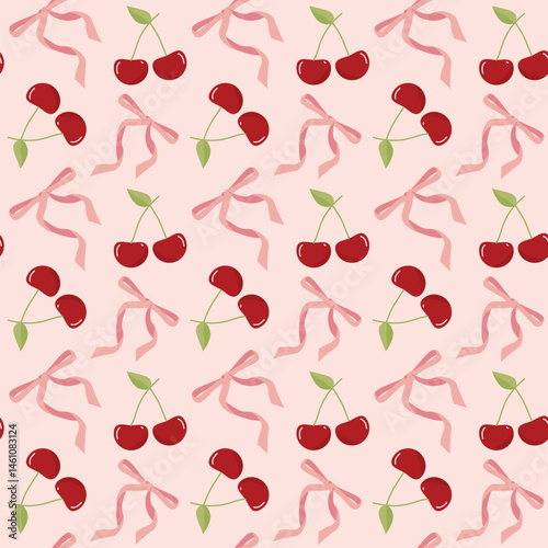 Coquette Cherries bow seamless pattern Retro vibrant illustration.
