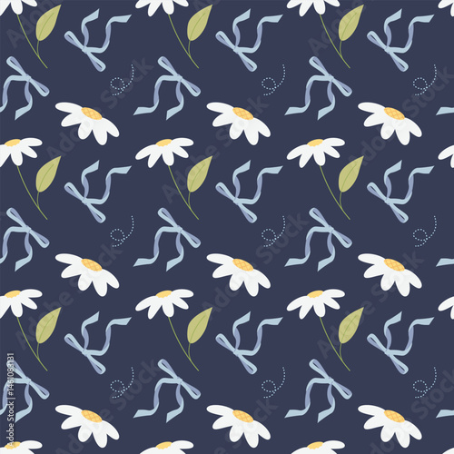 Coquette Seamless Pattern Cherries bow Spring Flower isolated on background.