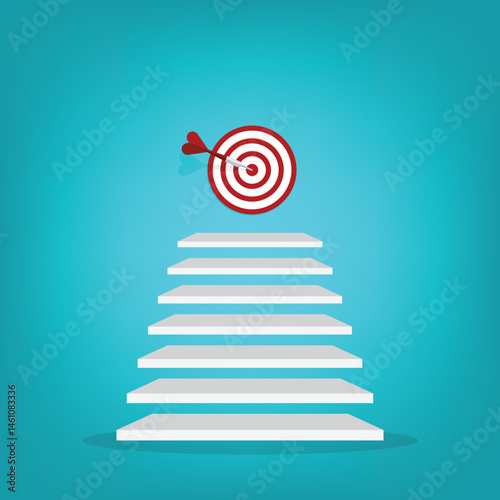 Goal, motivation to success. Climb up stairs to reach goal target on the top.