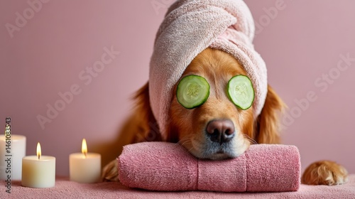 Dog is wearing cucumber eye masks and is laying on a pink towel. The scene is set in a spa-like environment with candles and a pink background