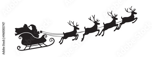 A vector illustration of a black silhouette of Santa Claus on sleigh flying sky with reindeers on a white background. less 