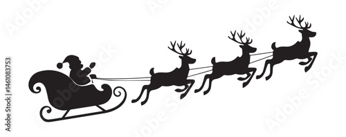 A vector illustration of a black silhouette of Santa Claus on sleigh flying sky with reindeers on a white background. less 