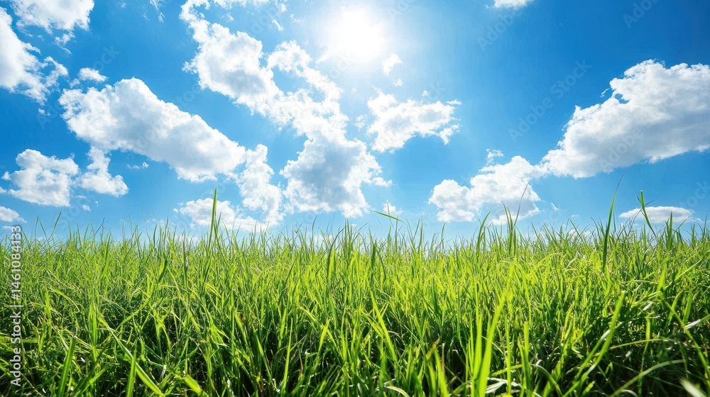Fototapeta premium Green grass field under blue sky with fluffy clouds and bright sun. Use this image for backgrounds, nature themes, and inspirational content.