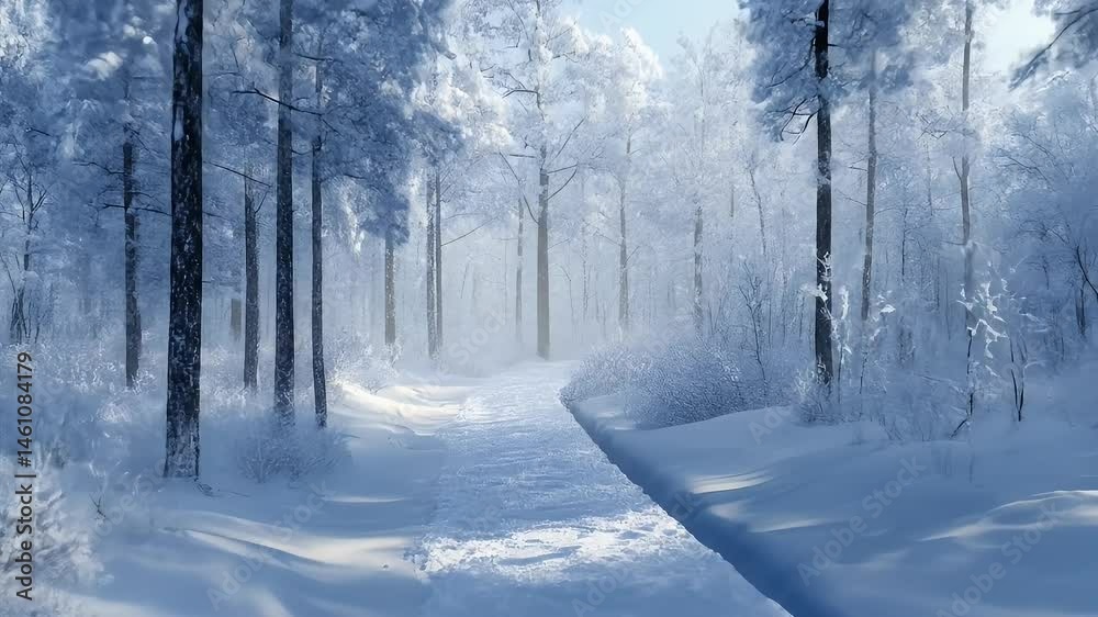 Snowy Winter Forest Path With Sunlight Shining Through Trees in a Cold Landscape Snowy Winter Forest Path With Sunlight Shining Through Trees in a Cold Landscape