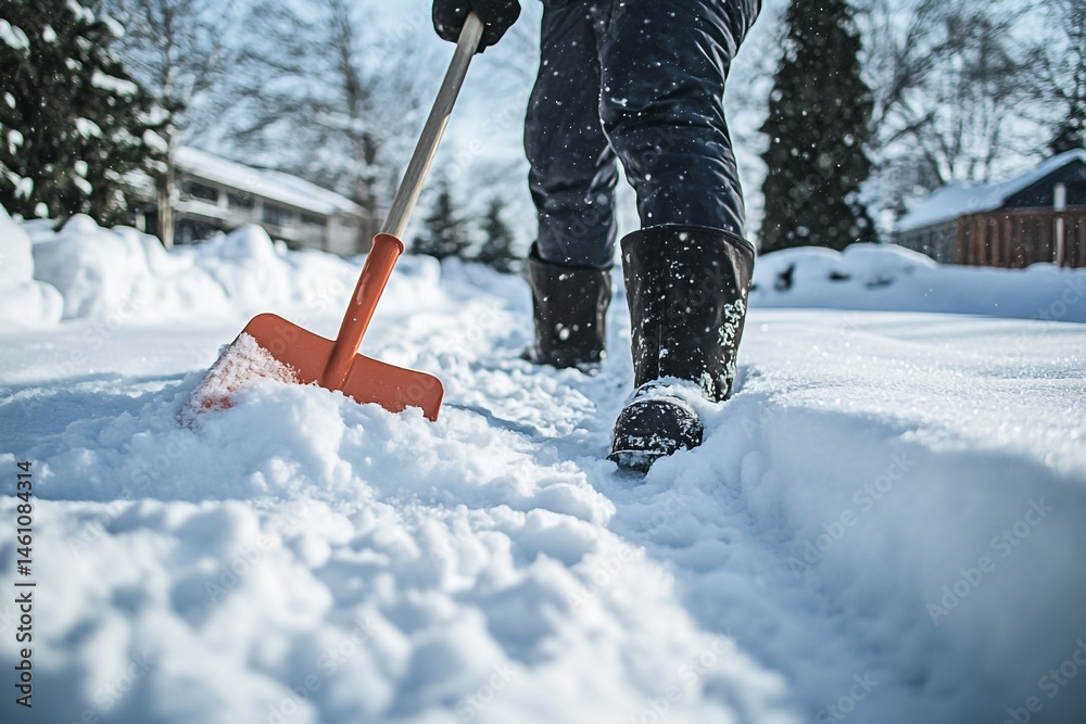 Removing Heavy Snowfall from Residential Walkway with Orange Shovel in Winter