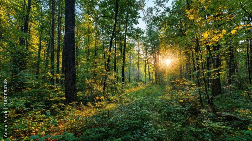 Obraz premium Sunlight filters through autumn forest
