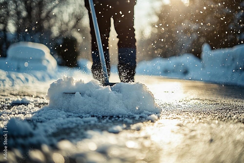 Winter task: Snow removal with shovel on the road during sunny day