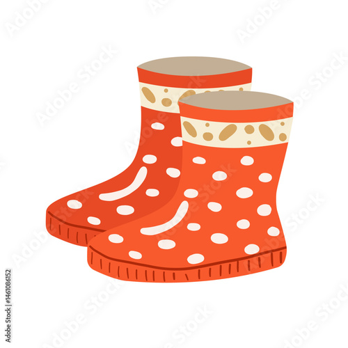 Cute cozy hand-drawn red rubber boots with playful polka dots
