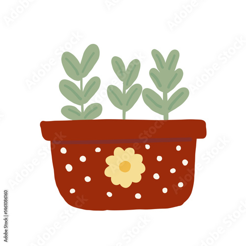 Cute hand-drawn brown flowerpot with green plants