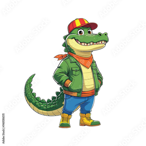 Smiling Cartoon Crocodile Mascot in Outfit