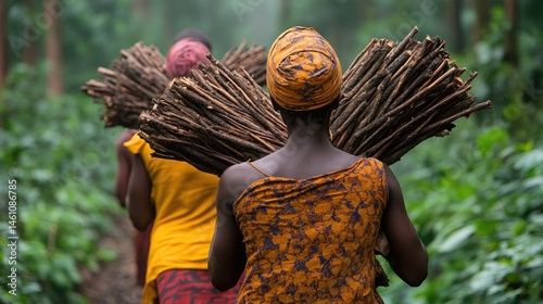 Women carrying firewood in a dense forest