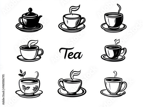 set of tea cups, tea line icon set on white background 