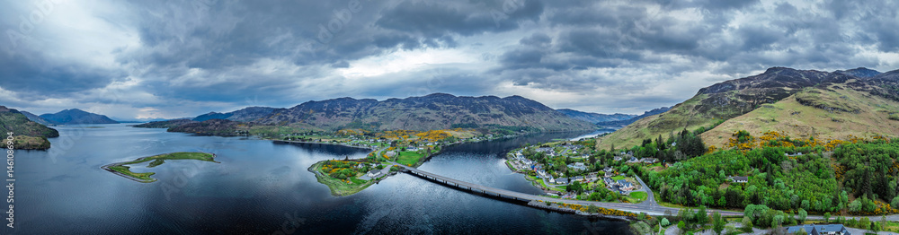 Panorama of Loch Long Bridge or Dornie New Bridge from a drone, Loch Long River, Highlands, Scotland, England