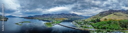 Obraz na płótnie Panorama of Loch Long Bridge or Dornie New Bridge from a drone, Loch Long River, Highlands, Scotland, England w salonie