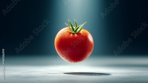 Tomato is floating in the air with a leaf on top. Concept of lightness and playfulness, as if the tomato is defying gravity