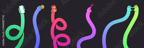 Flexible gesture hands set - cartoon arms with love hearts signs, holding cup of coffee, smartphone and golden coin. Vector illustration of colorful human palm collection isolated on black background.