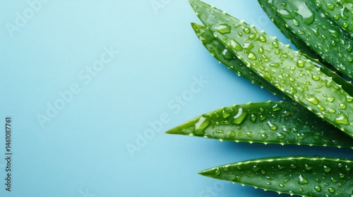 Fresh aloe vera leaves covered with water droplets on a blue background. Perfect for health, wellness, and natural beauty product designs.