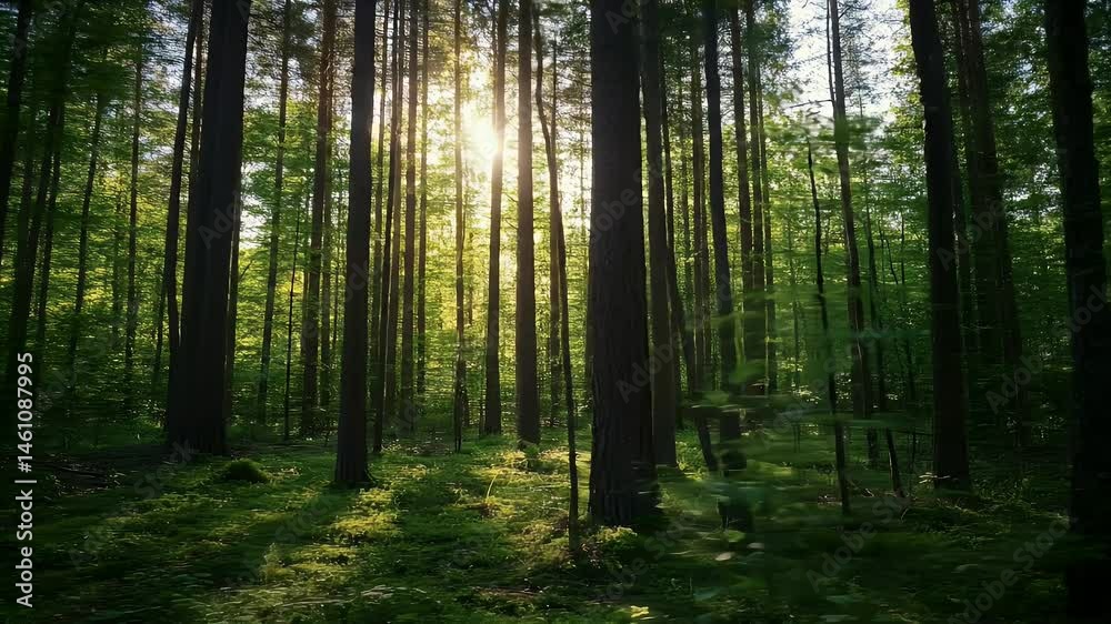 Sunlight Streams Through Tall Green Trees in a Dense Forest with Lush Green Ground