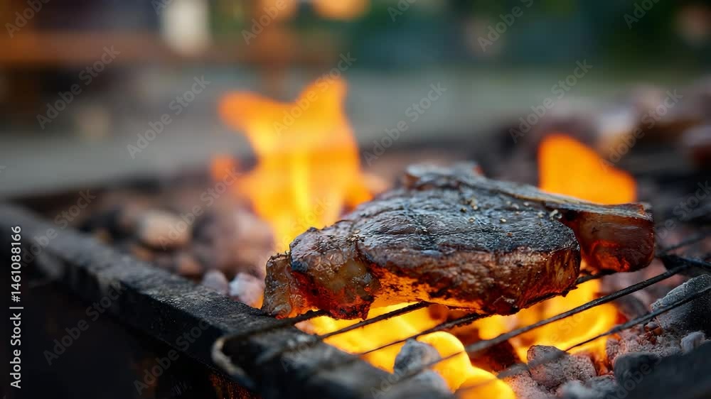 A juicy steak sizzling on a grill surrounded by dancing flames, capturing the irresistible aroma and excitement of outdoor barbecues and the art of cooking perfectly grilled meat. A juicy steak sizzling on a grill surrounded by dancing flames, capturing the irresistible aroma and excitement of outdoor barbecues and the art of cooking perfectly grilled meat.