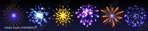 Firework effect set with blue, yellow and pink bursts - glowing neon firecracker explosions, festive bright colorful flash on black. Shiny salute lights collection for holiday celebration design.