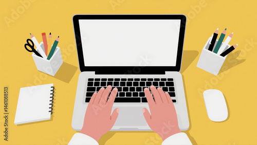 Flat Lay of Hands Typing on Laptop – Workspace with Blank Screen, Office Desk Setup, Creative Work Environment, Yellow Background, Digital Work Illustration