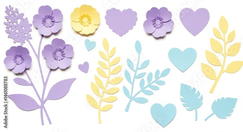 Collection of  pastel-colored paper cutouts of flowers, leaves and hearts.
