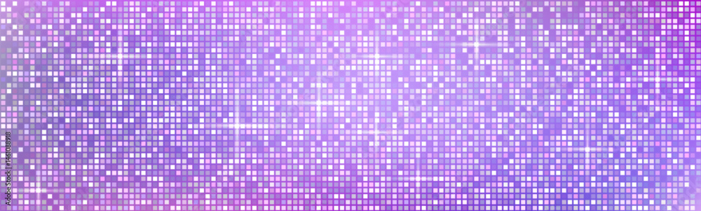 Pink and purple disco ball pattern. Vector realistic illustration of nightclub party banner background with mirror mosaic, light sparkles on square sequins, seamless glam glitter for disco design