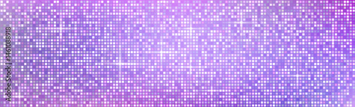 Pink and purple disco ball pattern. Vector realistic illustration of nightclub party banner background with mirror mosaic, light sparkles on square sequins, seamless glam glitter for disco design