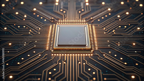 Close up of glowing microchip on circuit board, showcasing intricate gold pathways and futuristic technology