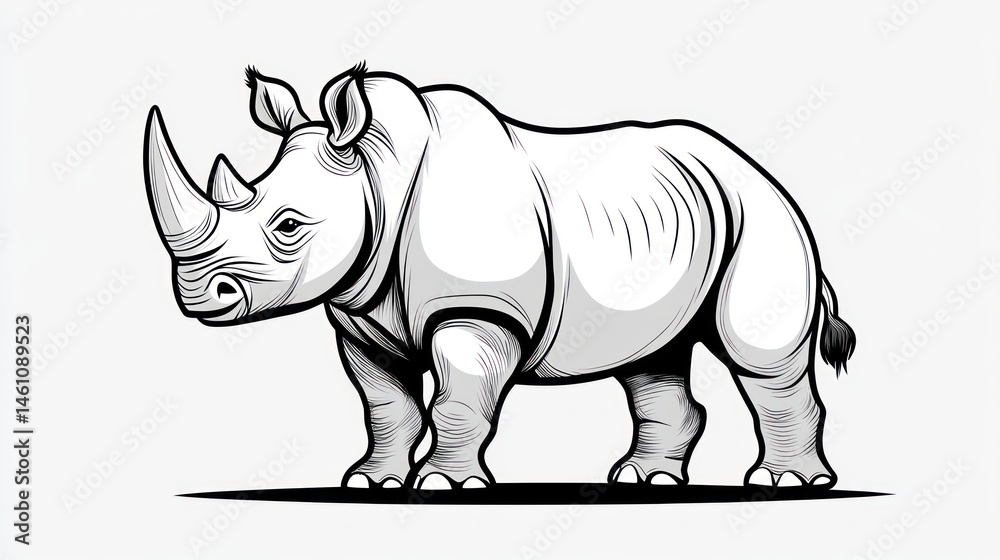 Fototapeta premium Monochrome rhino profile, detailed sketch, neutral background, stock photo