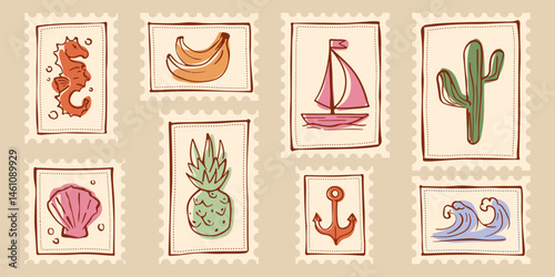 Vintage summer stamps set isolated on background. Vector illustration of old postage seals with seahorse, shell, anchor, sailboat, wave, pineapple, banana, cactus icons, retro mail stickers design
