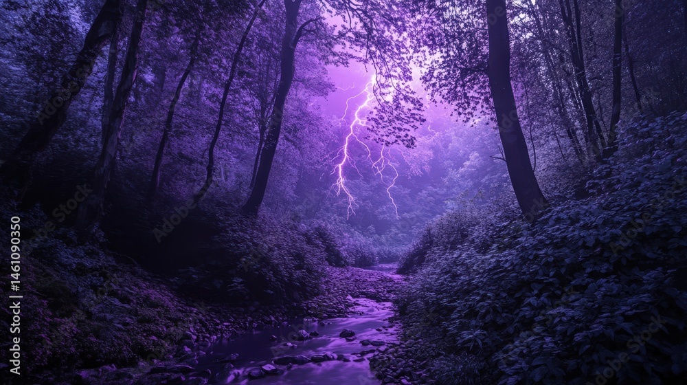 Fototapeta premium Mysterious forest with purple skies and lightning over a peaceful stream