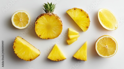 Close up of a variety of yellow fruit including pineapple and lemon slices. Concept of freshness and abundance, as the fruit is displayed in a visually appealing manner