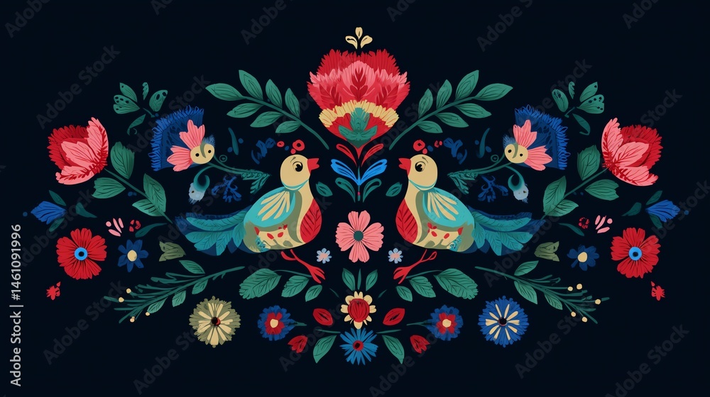 Colorful floral and bird pattern on a dark background, perfect for textiles.