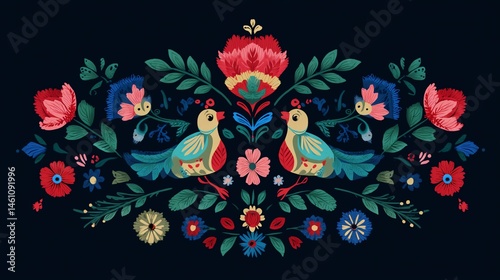 Obraz na płótnie Colorful floral and bird pattern on a dark background, perfect for textiles. w salonie
