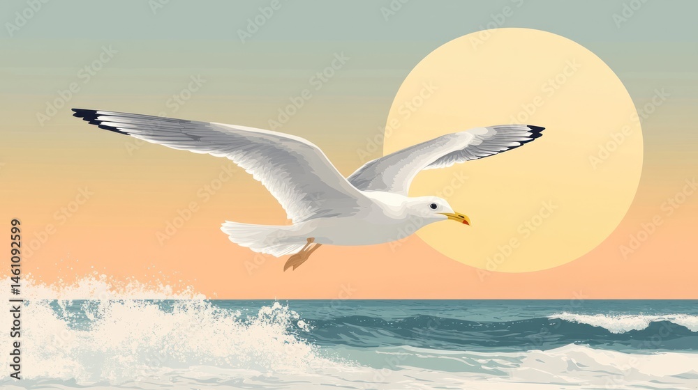 Fototapeta premium Seagull flying over ocean sunset