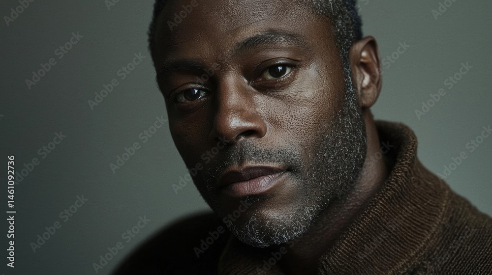 Close-up portrait of a man's face. he appears to be african-american and has a serious expression on his face. his eyes are looking directly at the camera and his eyebrows are slightly furrowed.