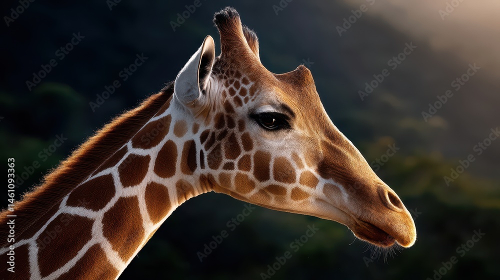 Obraz premium Cinematic portrait of a giraffe at golden hour, the sun perfectly aligned behind its head, glowing rim light outlines the form, strong shadows add depth and drama