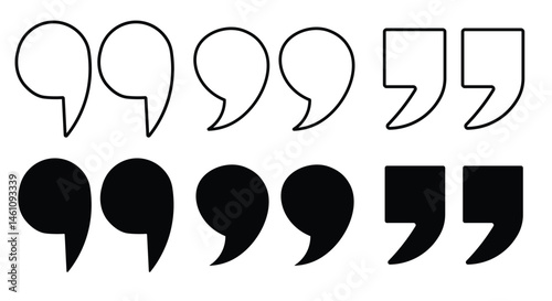 quote mark icon set. quotes icon vector sign design. discussion dialog remark open and close quote sign in black filled and outlined style
