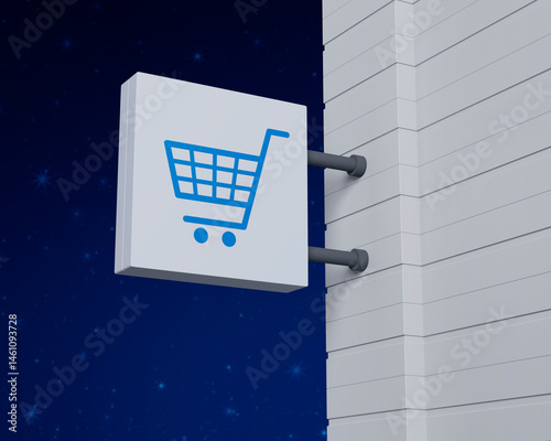 Shop cart icon on hanging white square signboard over fantasy night sky, Business shopping online concept, 3D rendering