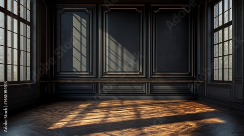 Wallpaper Mural Black neoclassical wall paneling in upscale room, minimal decor with high-contrast shadows, eye-level perspective showcasing geometric detail and wood grain floor   Torontodigital.ca
