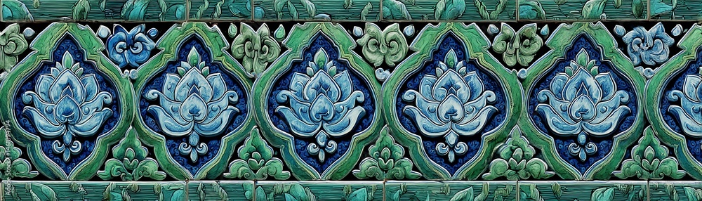 Decorative tile pattern with green and blue floral designs, white isolate background