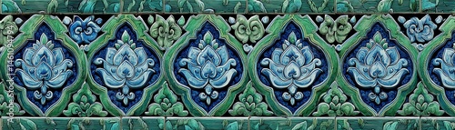 Obraz na płótnie Decorative tile pattern with green and blue floral designs, white isolate background w salonie
