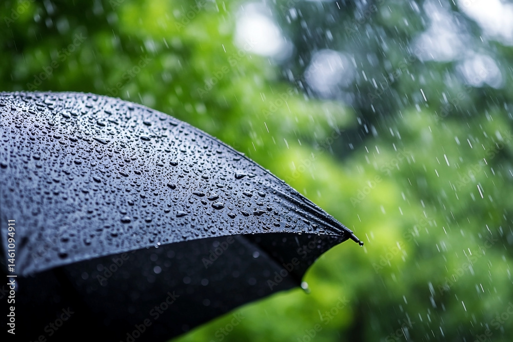 Raindrops on Umbrella: A serene depiction of protection against a rainy deluge