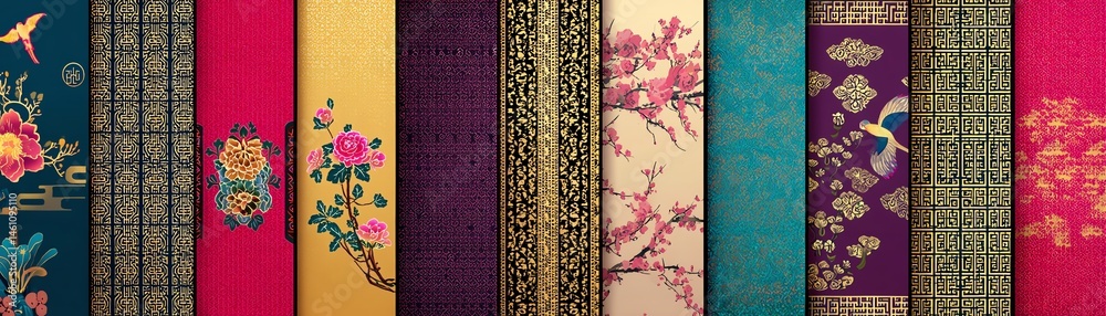 Colorful patterned textiles with vibrant designs on a white isolated background.