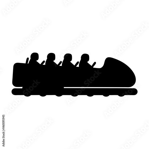 Silhouette illustration of a roller coaster car with passengers on tracks